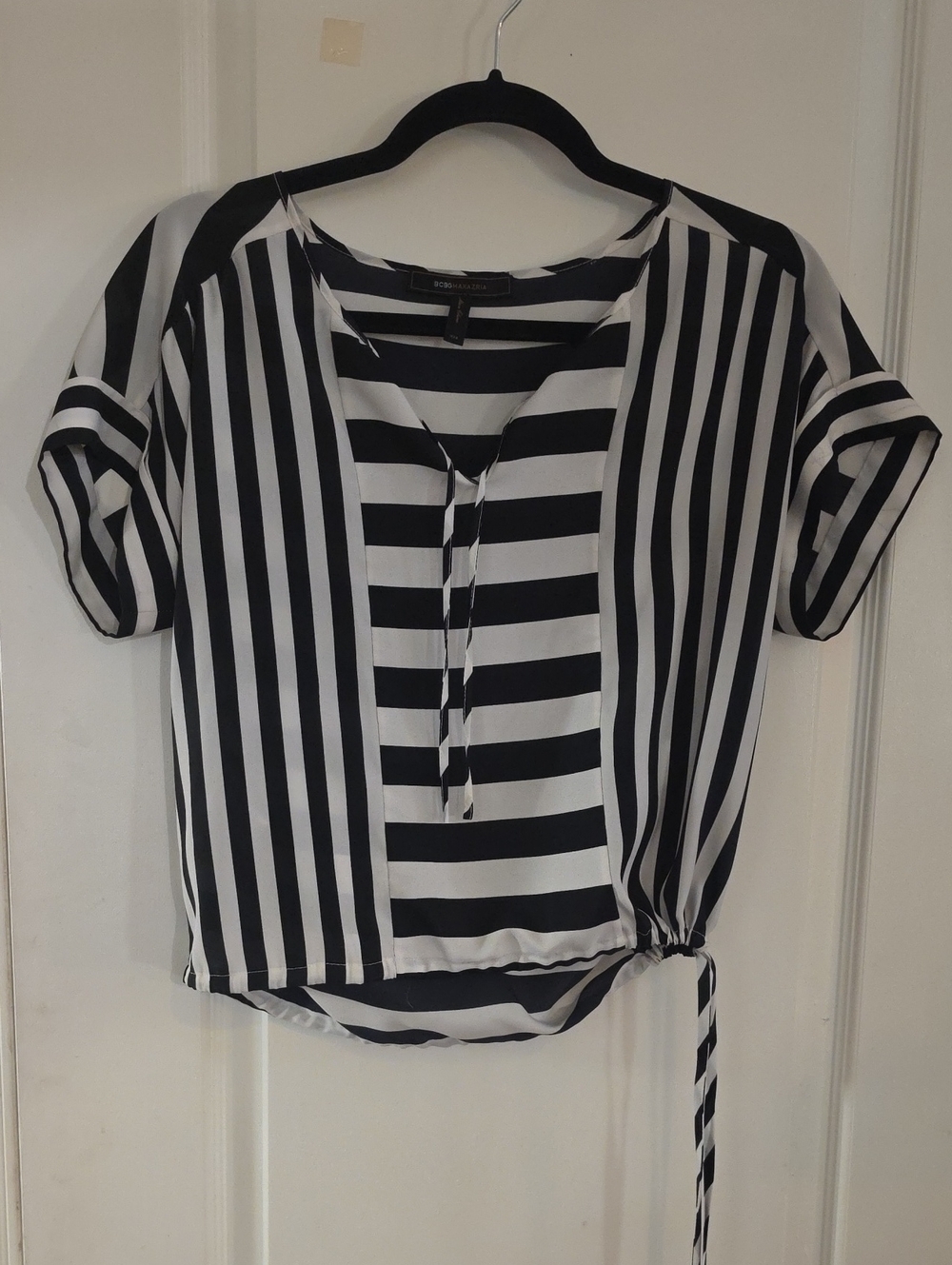 BCBGMaxAzria Black and White Striped Tie-Hem Blouse